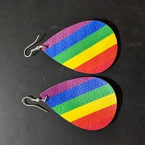 Rainbow Diagonal Stripe Leather Teardrop Pride Statement Earrings